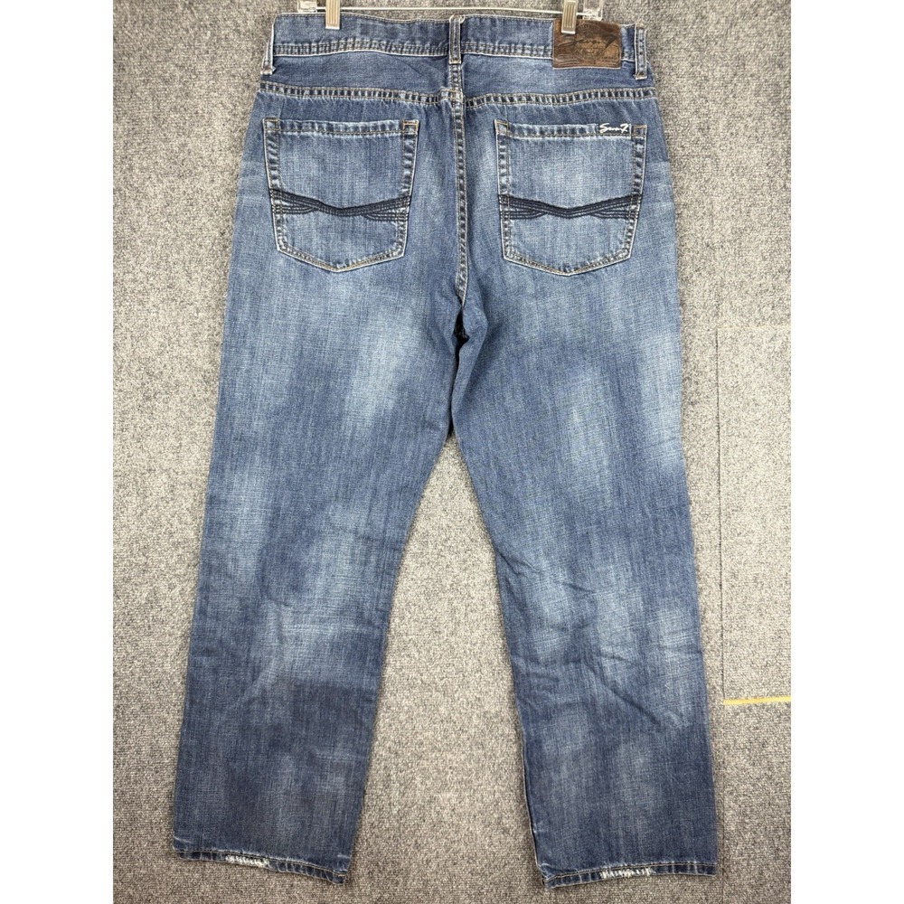 MENS SEVEN 7 FOR ALL MANKIND "THE STRAIGHT" BLUE DENIM JEANS 36X32 DISTRESSED - Picture 2 of 9
